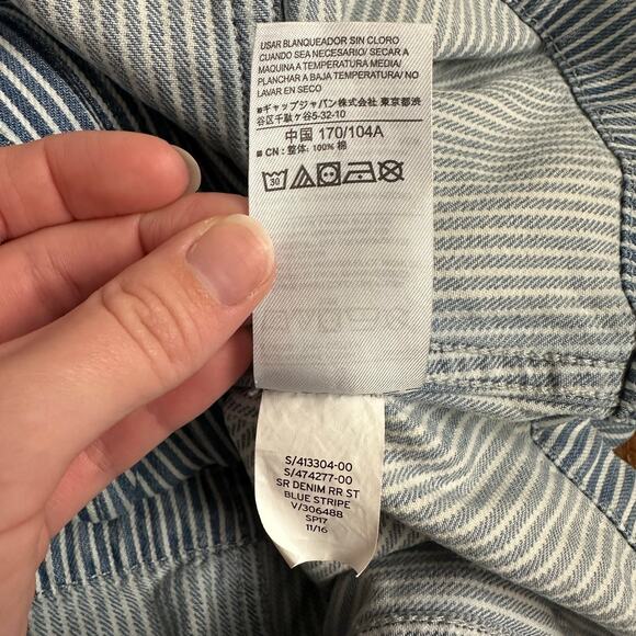 GAP Blue White Railroad Stripe Utility Jacket L Zip Front Waist Chore Coat - Picture 9 of 10